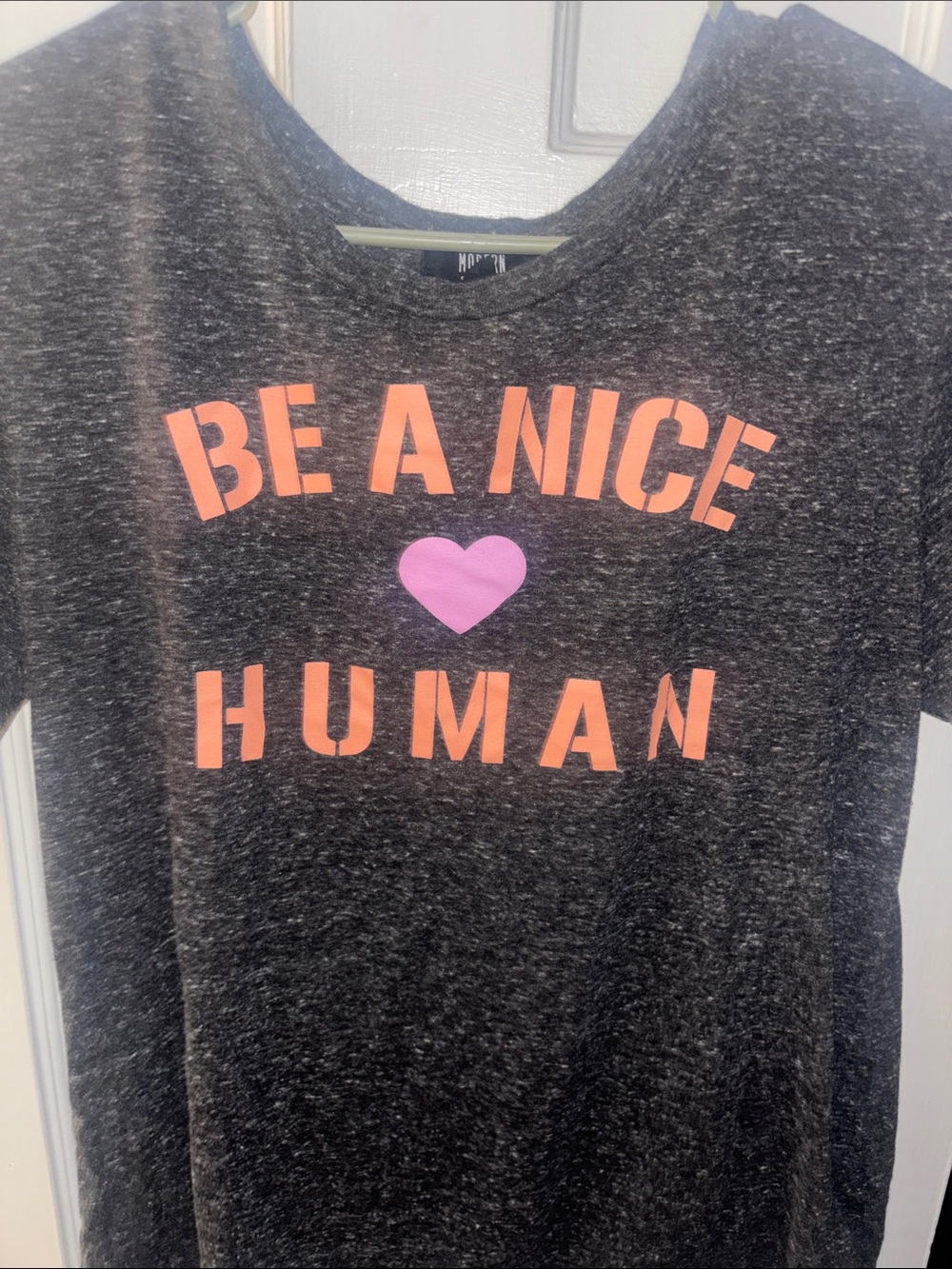 Be A Nice Human Graphic Tee - Dark Heather with Pink & Coral Text